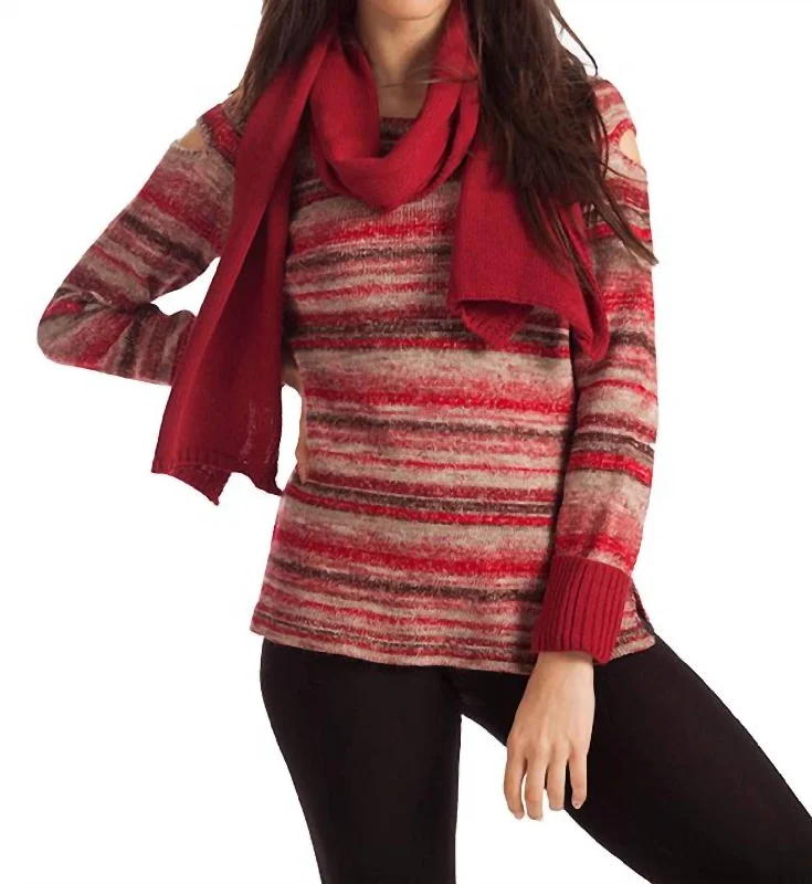 Bethany Striped Sweater W/ Scarf In Red Multi