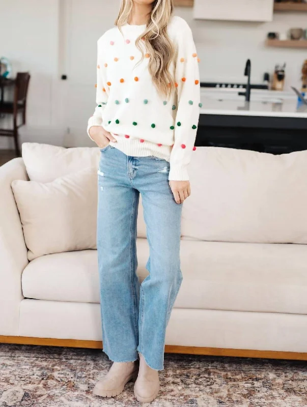 Candy Buttons Pom Detail Sweater In White