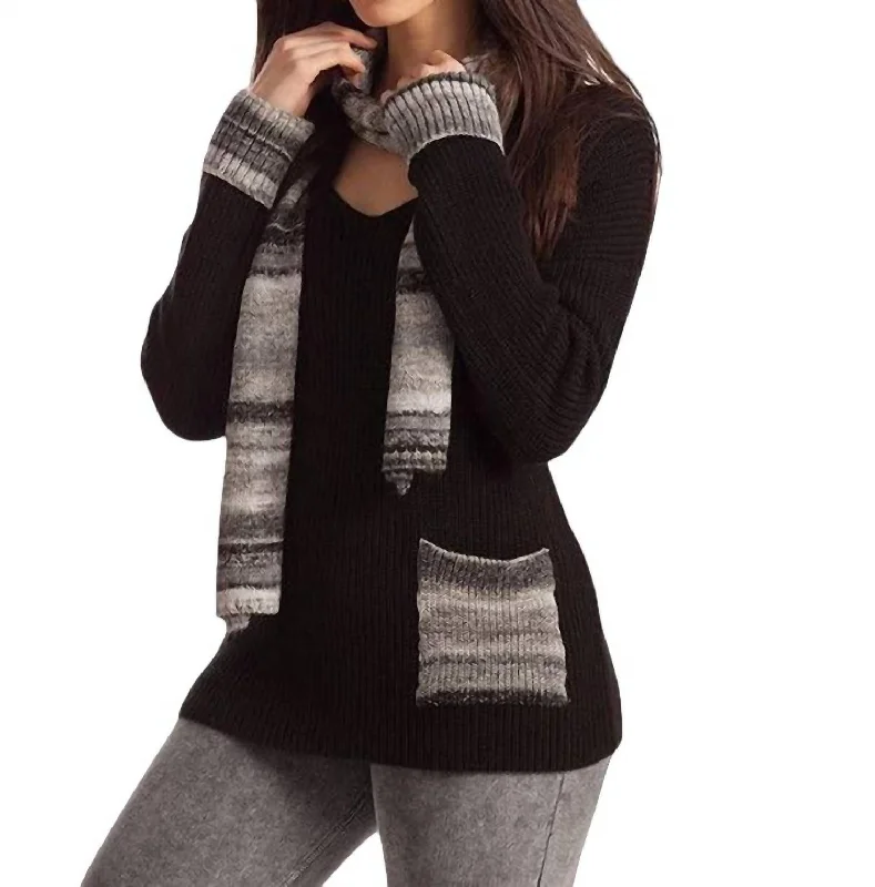 Emilia Ribbed V-Neck W/ Scarf In Black Multi