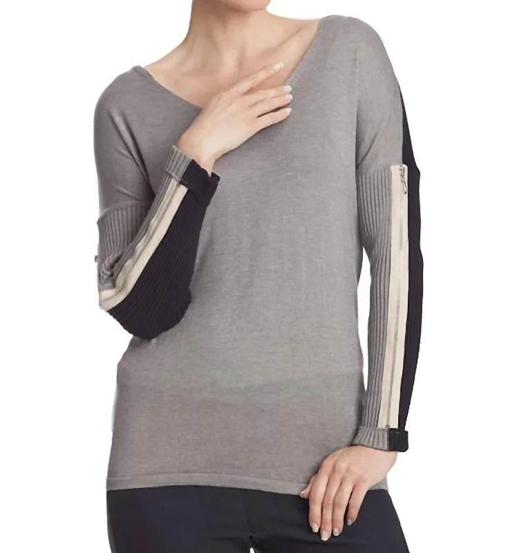 V-Neck Zipper Sleeve Sweater In Gray Multi