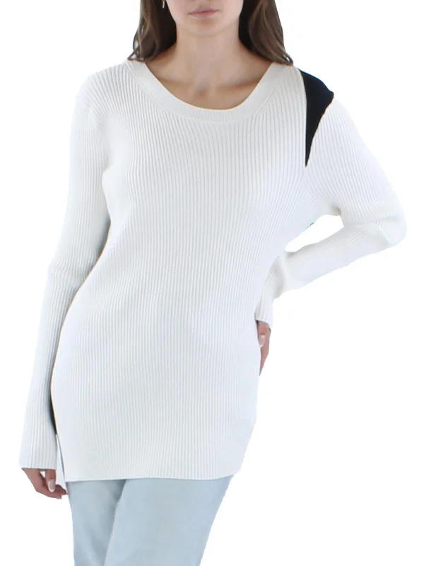 Womens Ribbed Colorblock Crewneck Sweater