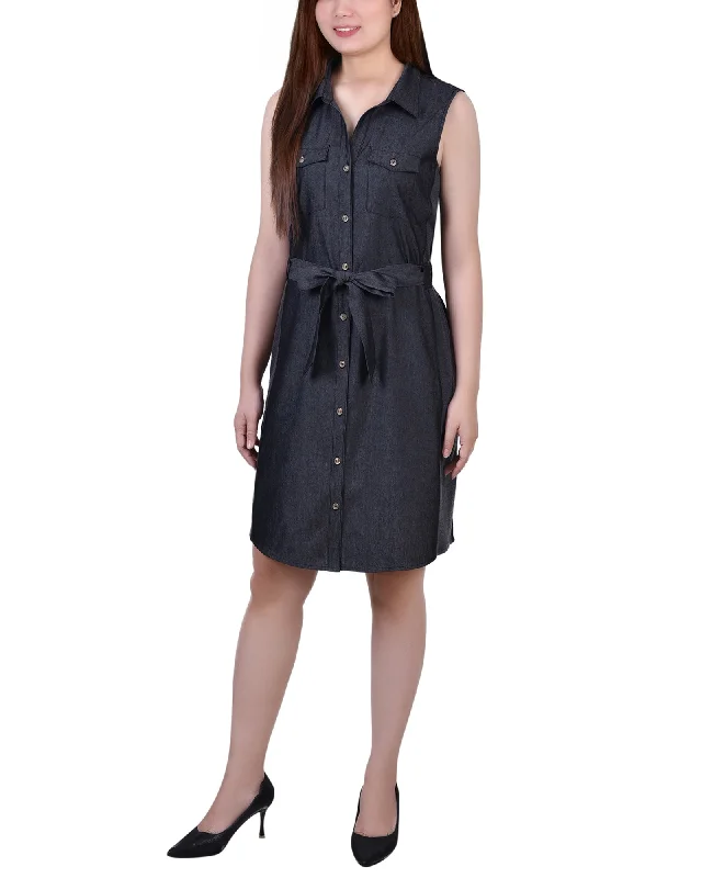 Petite Sleeveless Belted Chambray Dress