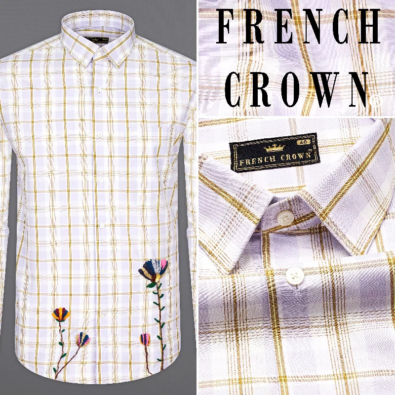 Amour Lavender with Leather Brown Checkered Floral Embroidered Premium Cotton Designer Shirt