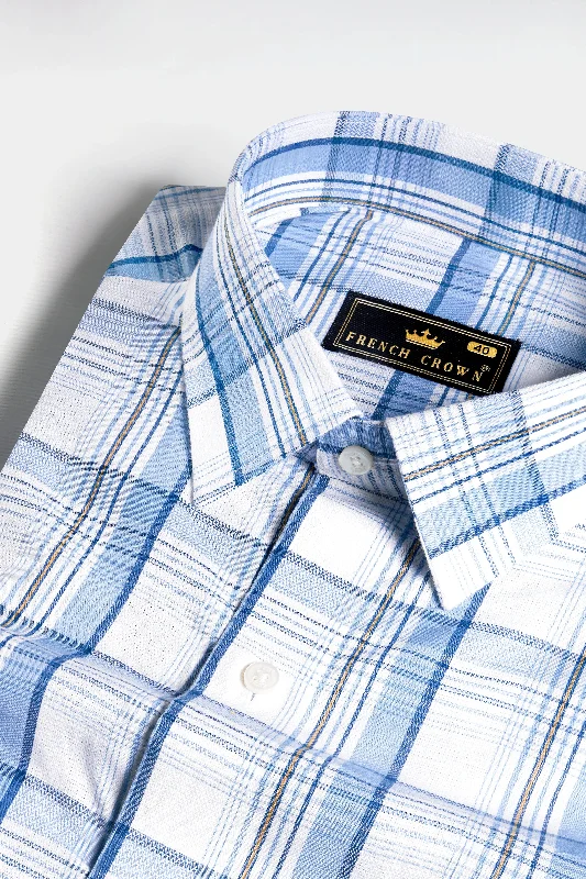 Bright White and Cerulean Blue Plaid Dobby Textured Premium Giza Cotton Shirt