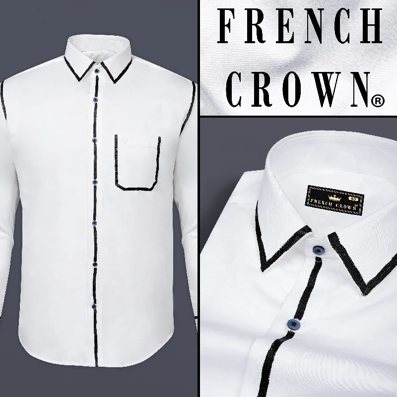 Bright White Subtle Sheen Embellished with Black Hand Painted Super Soft Premium Cotton Designer Shirt