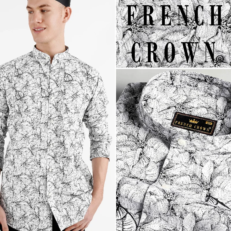 Bright White with Black Leaves Hand Painted Twill Premium Cotton Designer Shirt