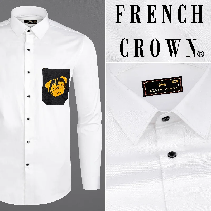 Bright White Subtle Sheen with Black Pocket and Puppy Embroidered Super Soft Premium Cotton Shirt