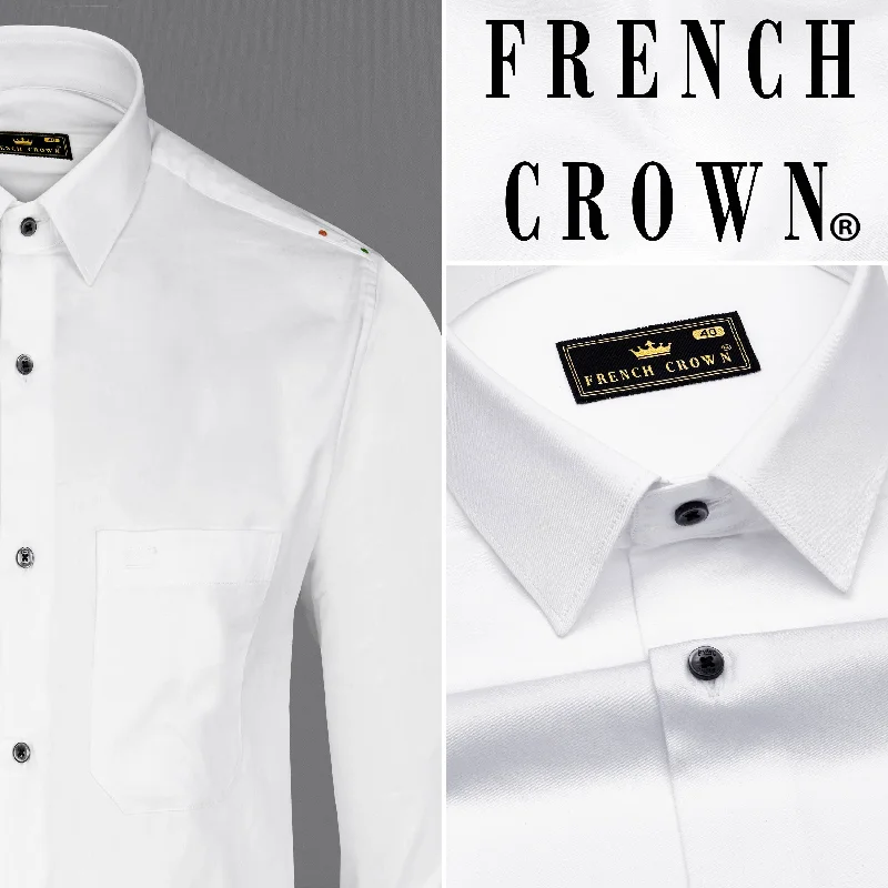 Bright White Subtle Sheen with Left Shoulder Tricolour Embroidered Super Soft Premium Cotton Shirt