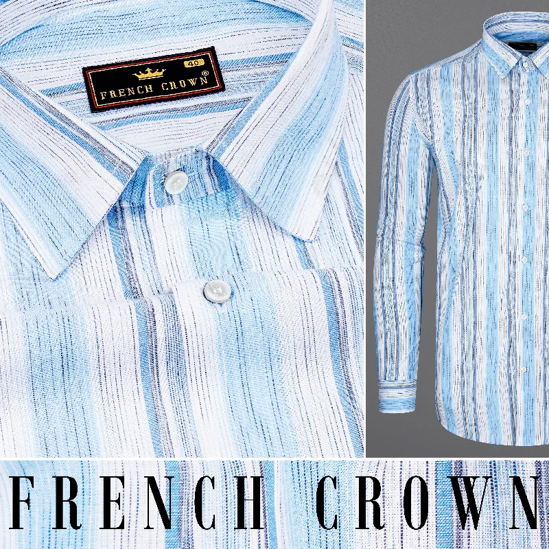 Bright White with Pale Aqua Blue Multicolour Striped Premium Cotton Shirt