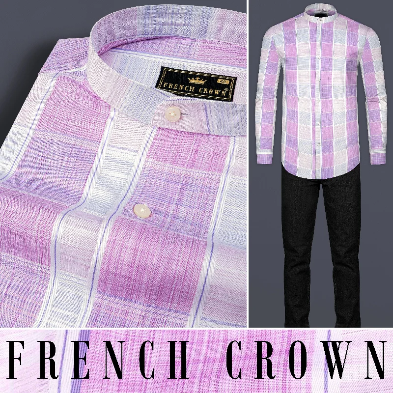 Bright White with Pale Magenta Windowpane Premium Cotton Shirt