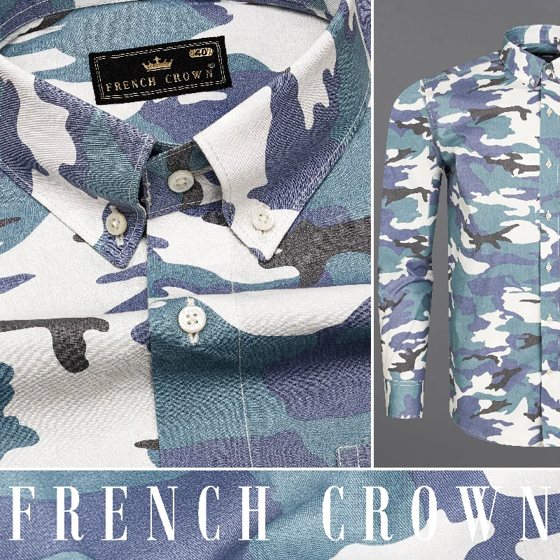 Cascade Blue with Mobster Blue Multicolour Camouflage Printed Royal Oxford Shirt