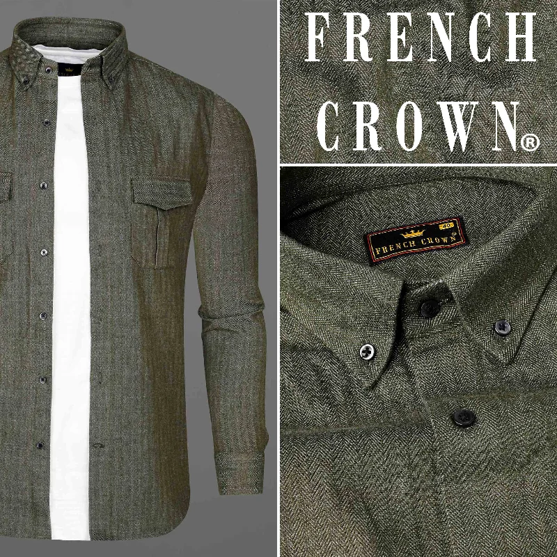 Finch Green Heavyweight Herringbone Striped Premium Cotton Over Shirt