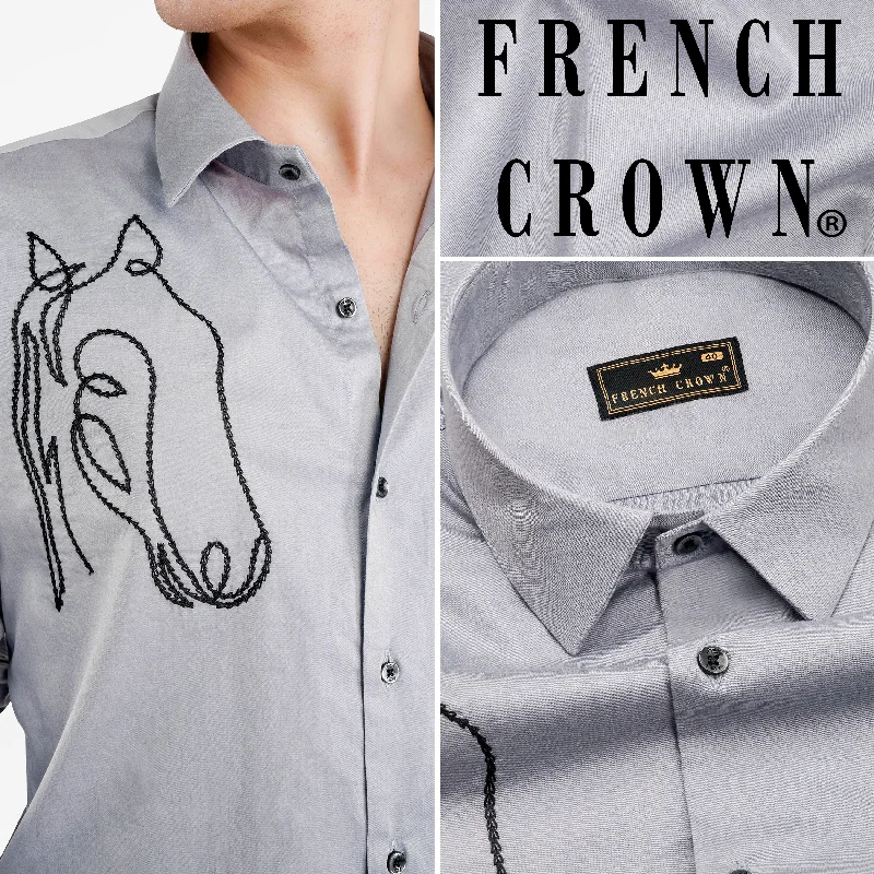 Metallic Gray Embroidered Royal Oxford Designer Shirt