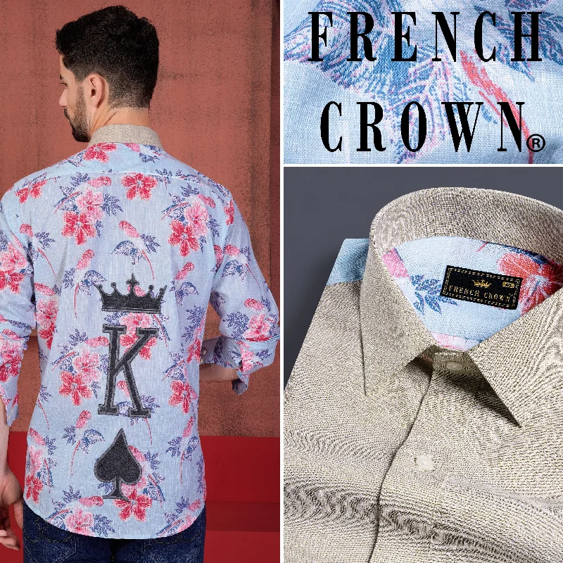 Rodeo Dust Brown and Malibu Blue Multicolour Floral Printed with King of Spades Patchwork Chambray Designer Shirt