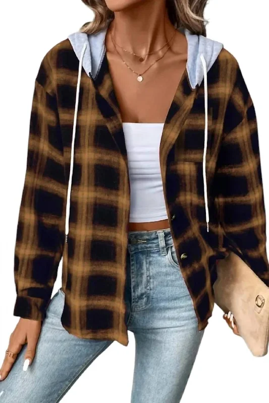 Mallory Plaid Hooded Shacket In Caramel