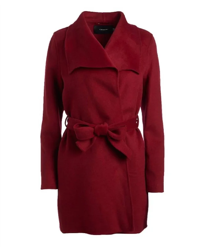 Women Large Collar Belted Wool Blend Coat Jacket In Deep Red