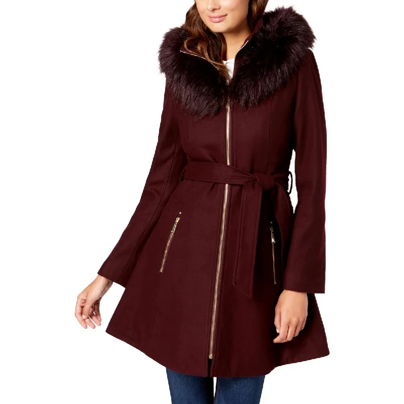 Womens Faux Fur Hooded Wool Coat