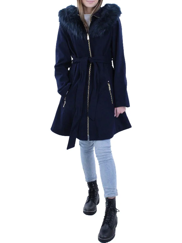 Womens Faux Fur Midi Wool Coat