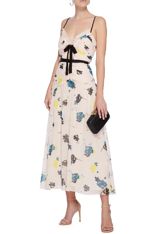 Nude Floral Print Chiffon with Front Tie Midi Dress