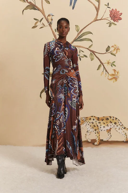 Brown Delicate Garden Long Sleeve Maxi Dress